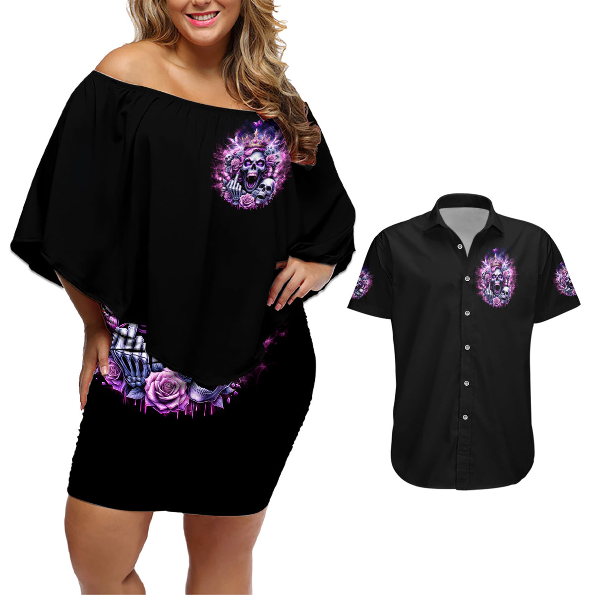Queen Skull Couples Matching Off Shoulder Short Dress and Hawaiian Shirt Yes I'm A Bitch But Not Yours - Wonder Print Shop
