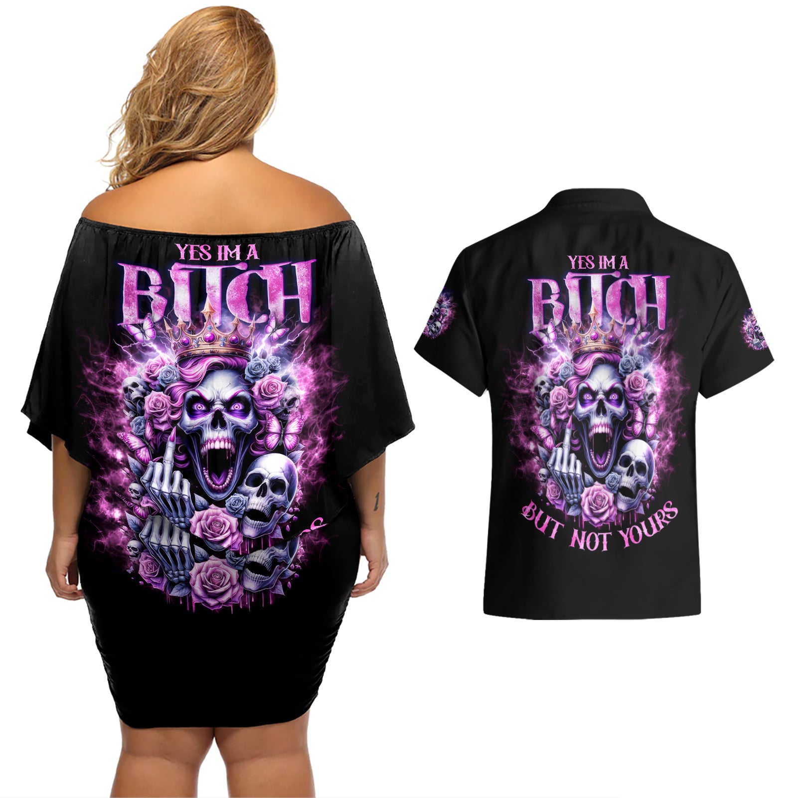 Queen Skull Couples Matching Off Shoulder Short Dress and Hawaiian Shirt Yes I'm A Bitch But Not Yours - Wonder Print Shop