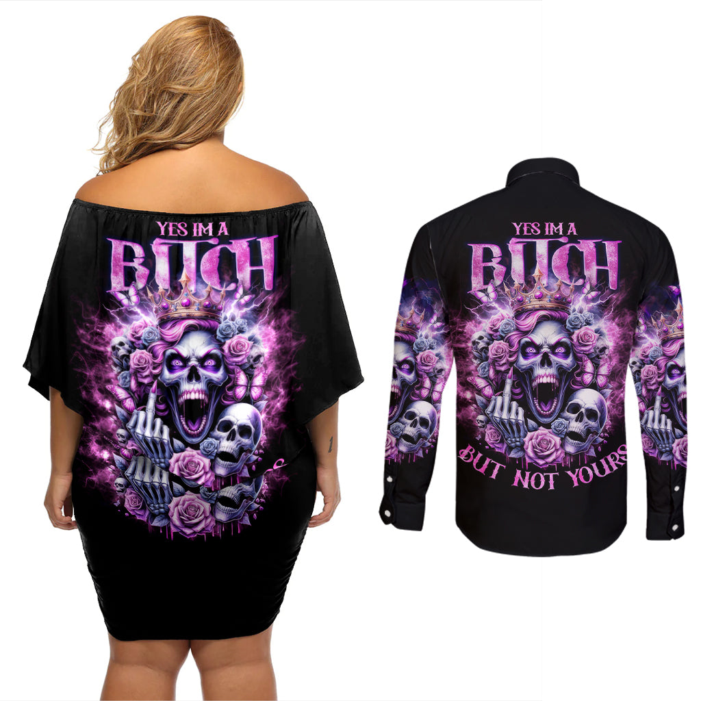 Queen Skull Couples Matching Off Shoulder Short Dress and Long Sleeve Button Shirt Yes I'm A Bitch But Not Yours - Wonder Print Shop