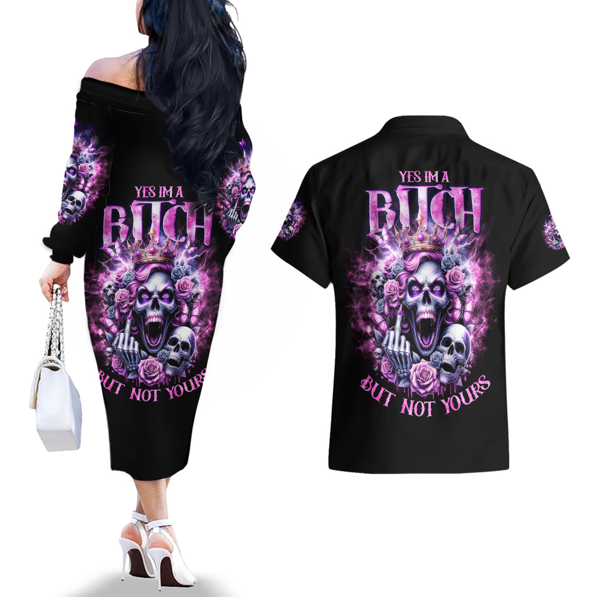 Queen Skull Couples Matching Off The Shoulder Long Sleeve Dress and Hawaiian Shirt Yes I'm A Bitch But Not Yours - Wonder Print Shop