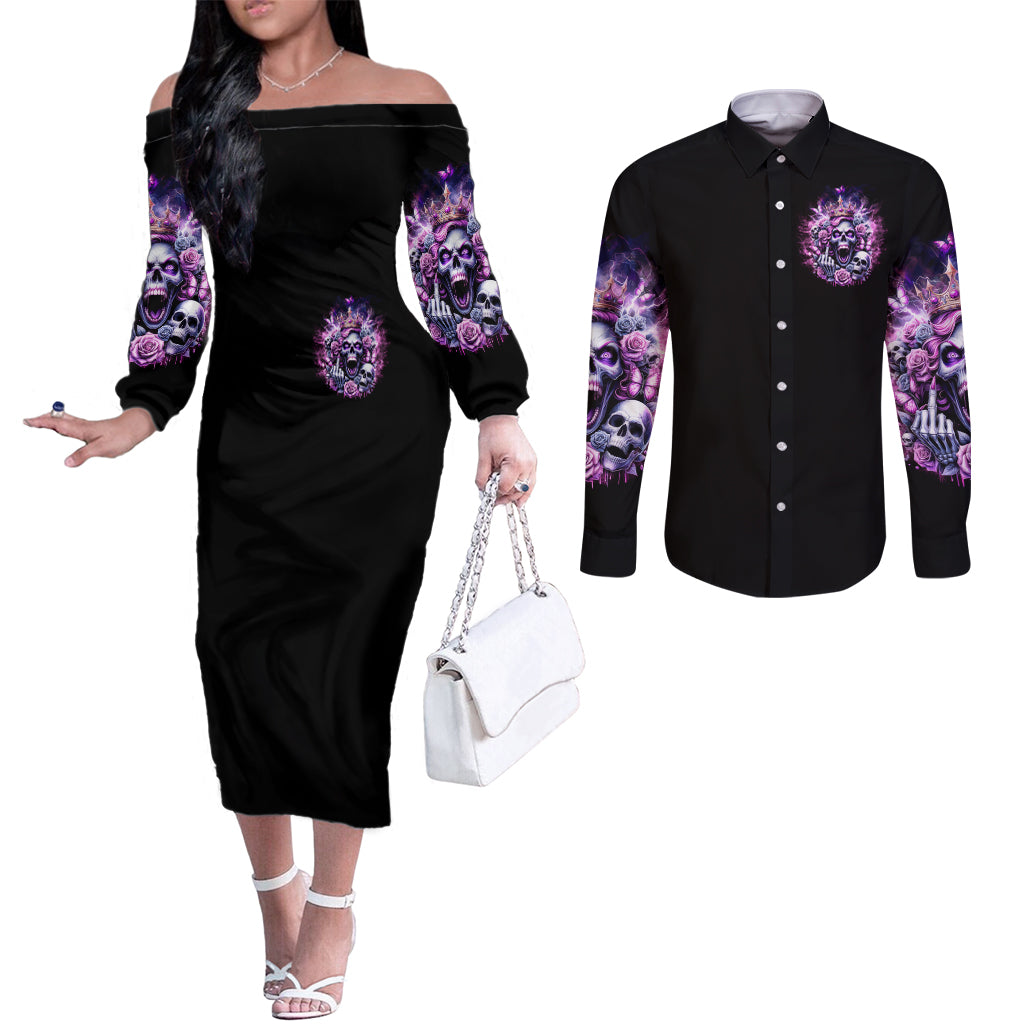 Queen Skull Couples Matching Off The Shoulder Long Sleeve Dress and Long Sleeve Button Shirt Yes I'm A Bitch But Not Yours