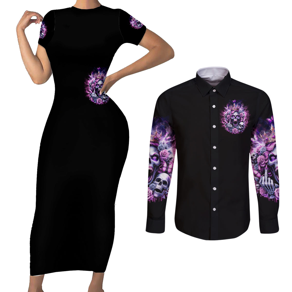 Queen Skull Couples Matching Short Sleeve Bodycon Dress and Long Sleeve Button Shirt Yes I'm A Bitch But Not Yours - Wonder Print Shop