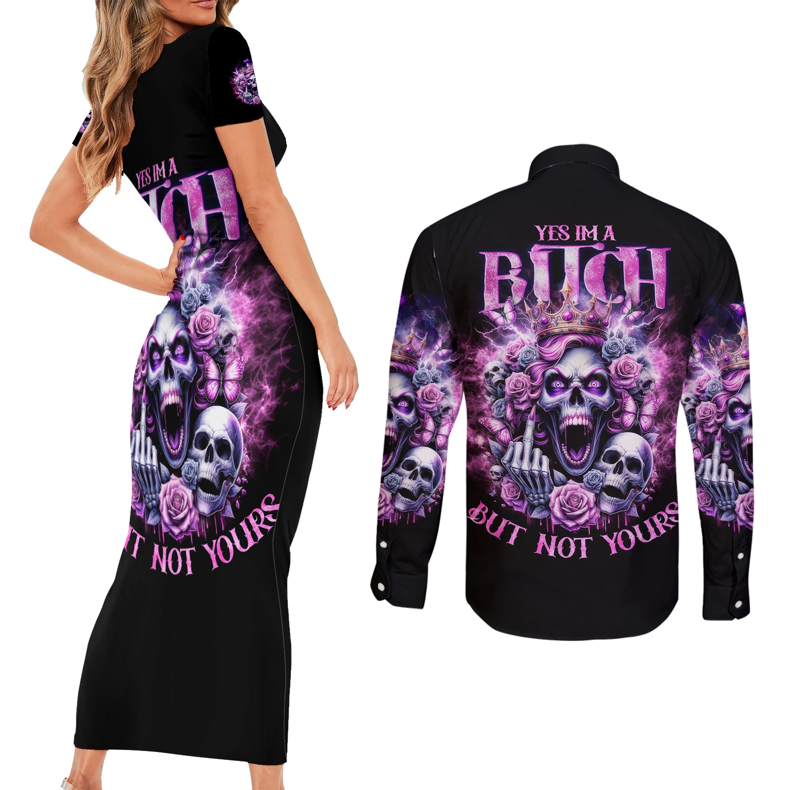 Queen Skull Couples Matching Short Sleeve Bodycon Dress and Long Sleeve Button Shirt Yes I'm A Bitch But Not Yours - Wonder Print Shop