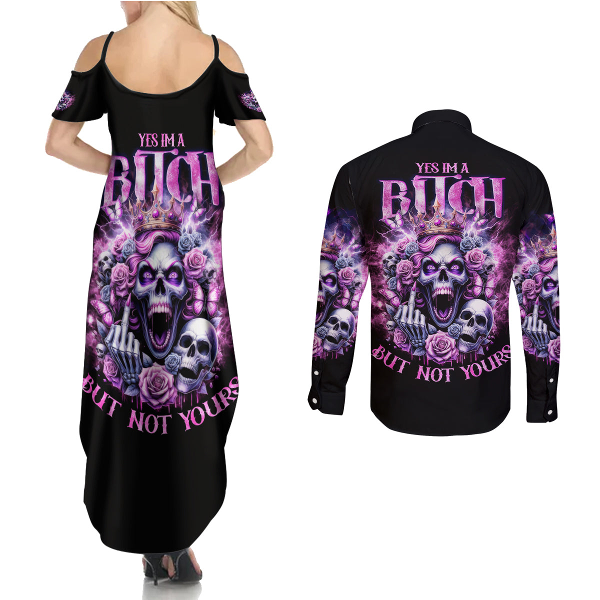 Queen Skull Couples Matching Summer Maxi Dress and Long Sleeve Button Shirt Yes I'm A Bitch But Not Yours - Wonder Print Shop