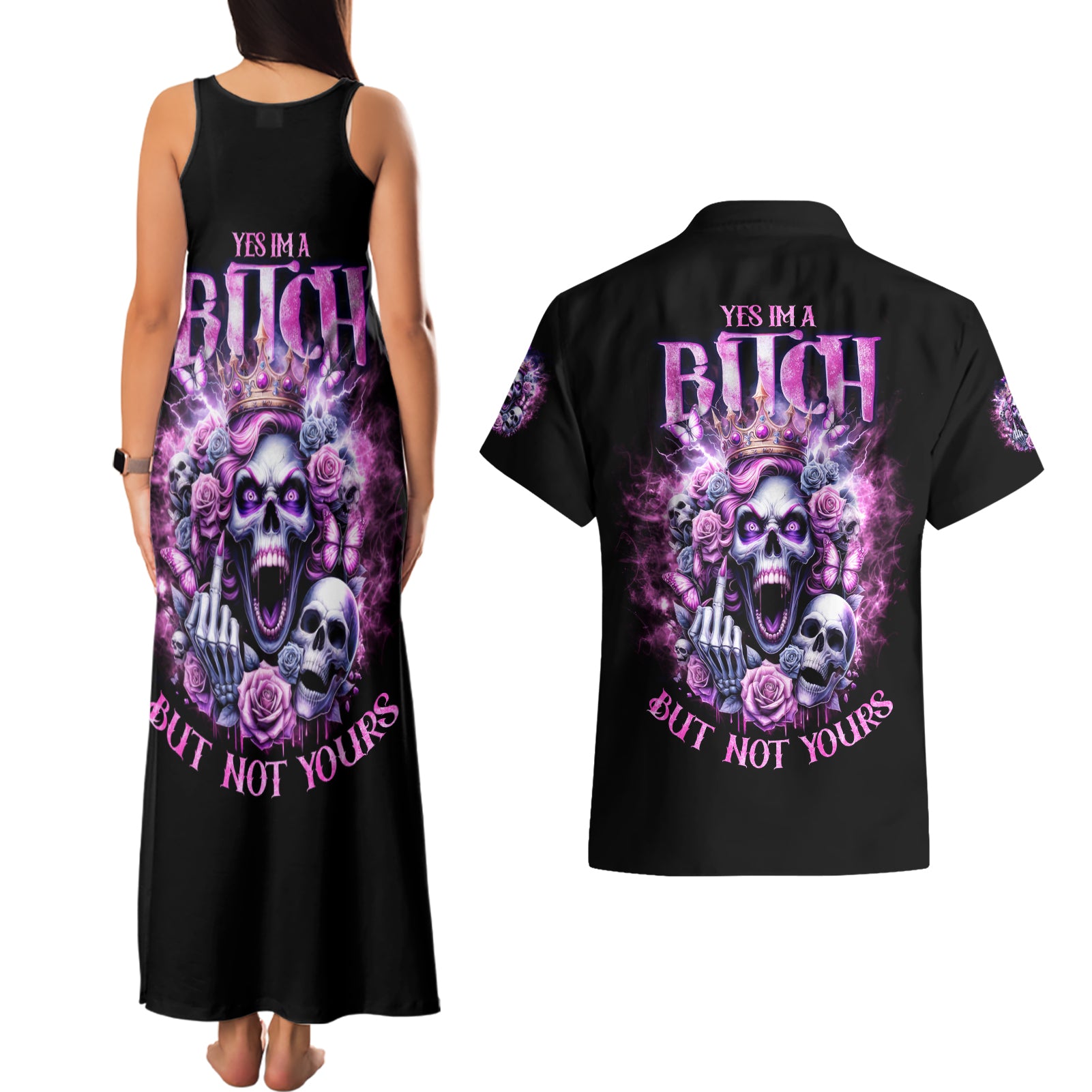 Queen Skull Couples Matching Tank Maxi Dress and Hawaiian Shirt Yes I'm A Bitch But Not Yours - Wonder Print Shop