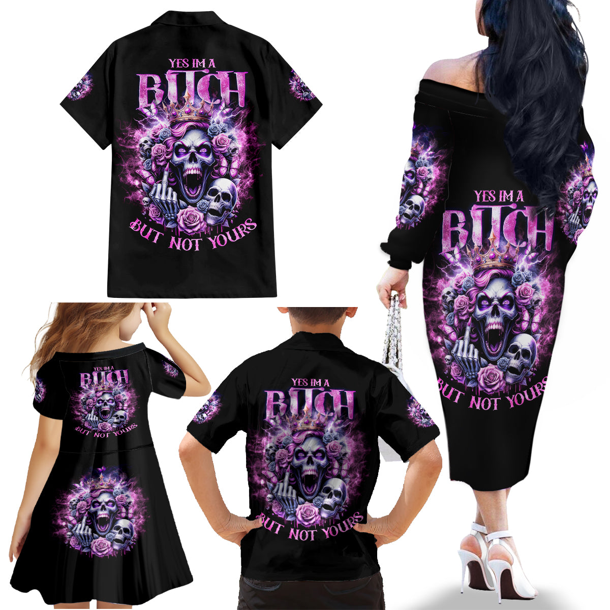 Queen Skull Family Matching Off Shoulder Long Sleeve Dress and Hawaiian Shirt Yes I'm A Bitch But Not Yours - Wonder Print Shop