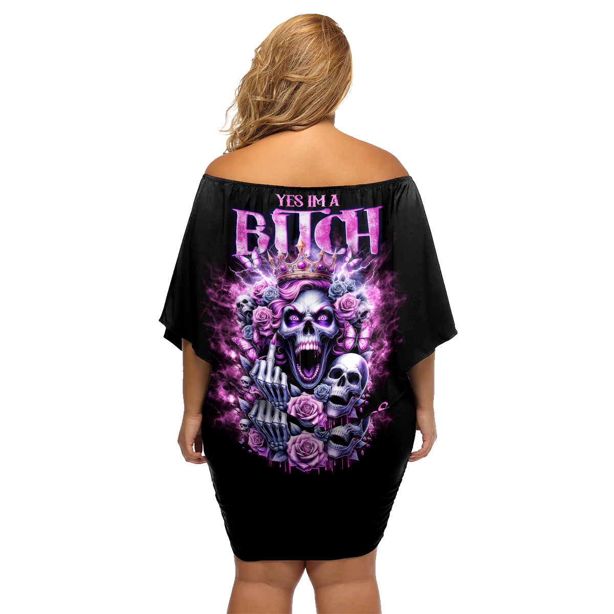 Queen Skull Family Matching Off Shoulder Short Dress and Hawaiian Shirt Yes I'm A Bitch But Not Yours - Wonder Print Shop