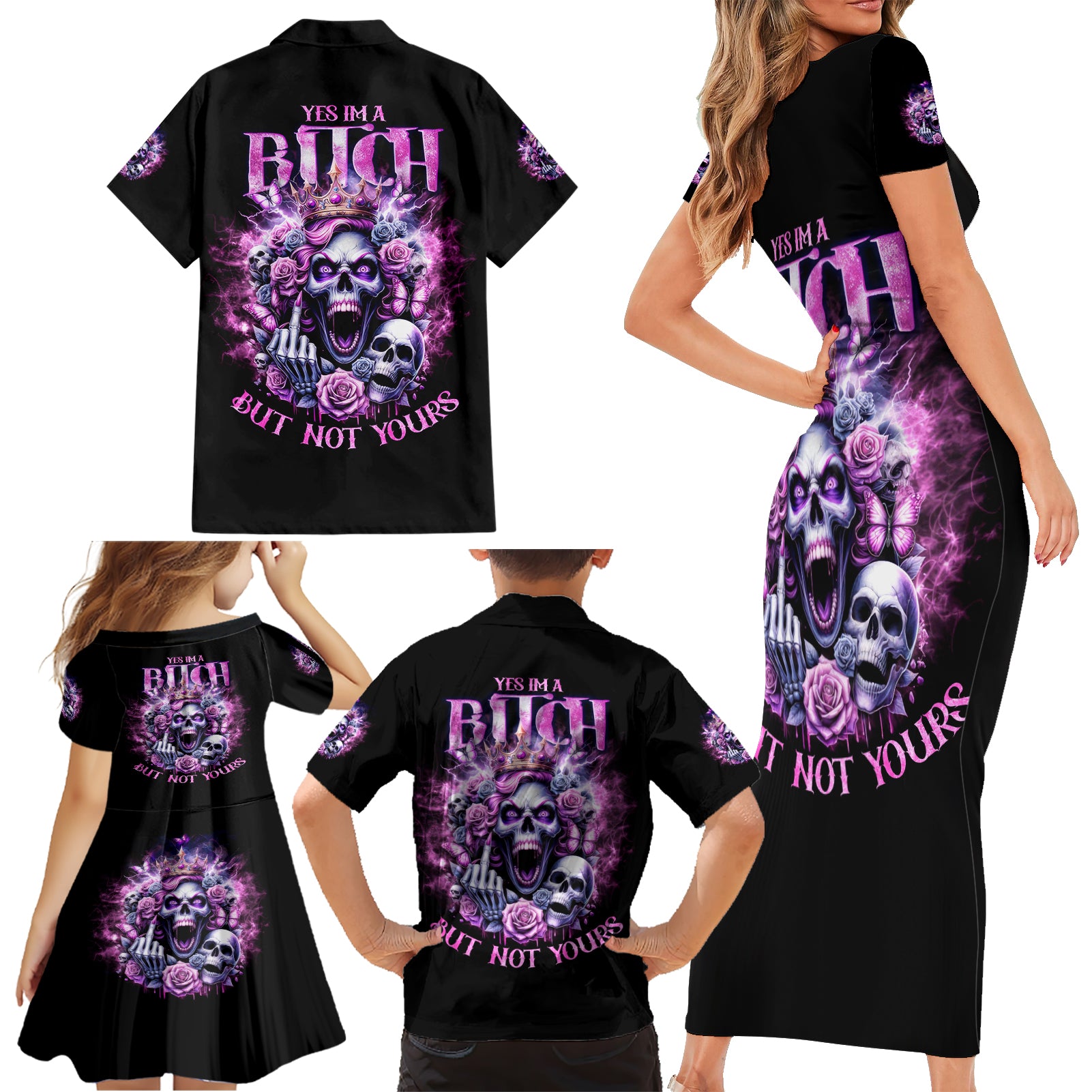 Queen Skull Family Matching Short Sleeve Bodycon Dress and Hawaiian Shirt Yes I'm A Bitch But Not Yours - Wonder Print Shop