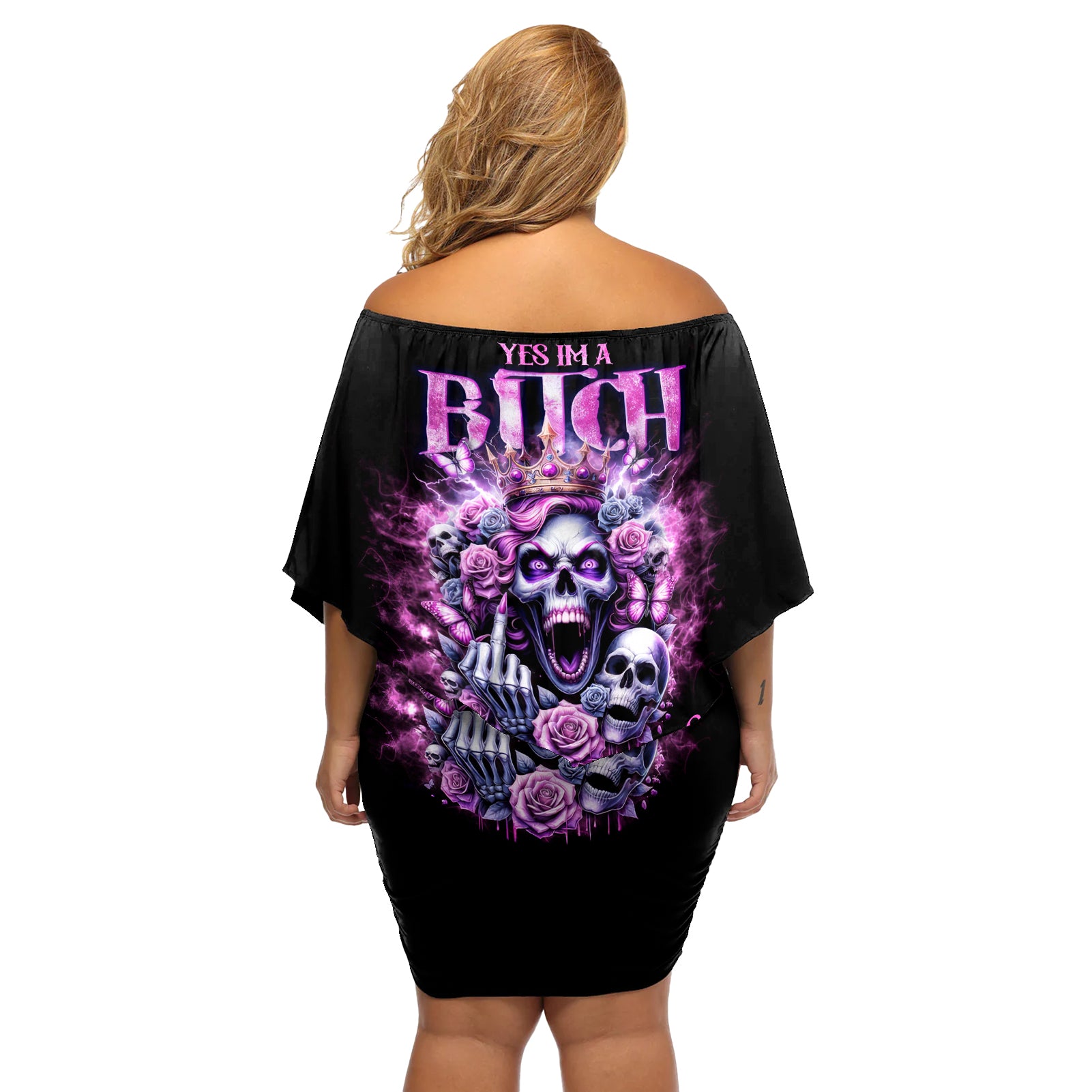Queen Skull Off Shoulder Short Dress Yes I'm A Bitch But Not Yours - Wonder Print Shop