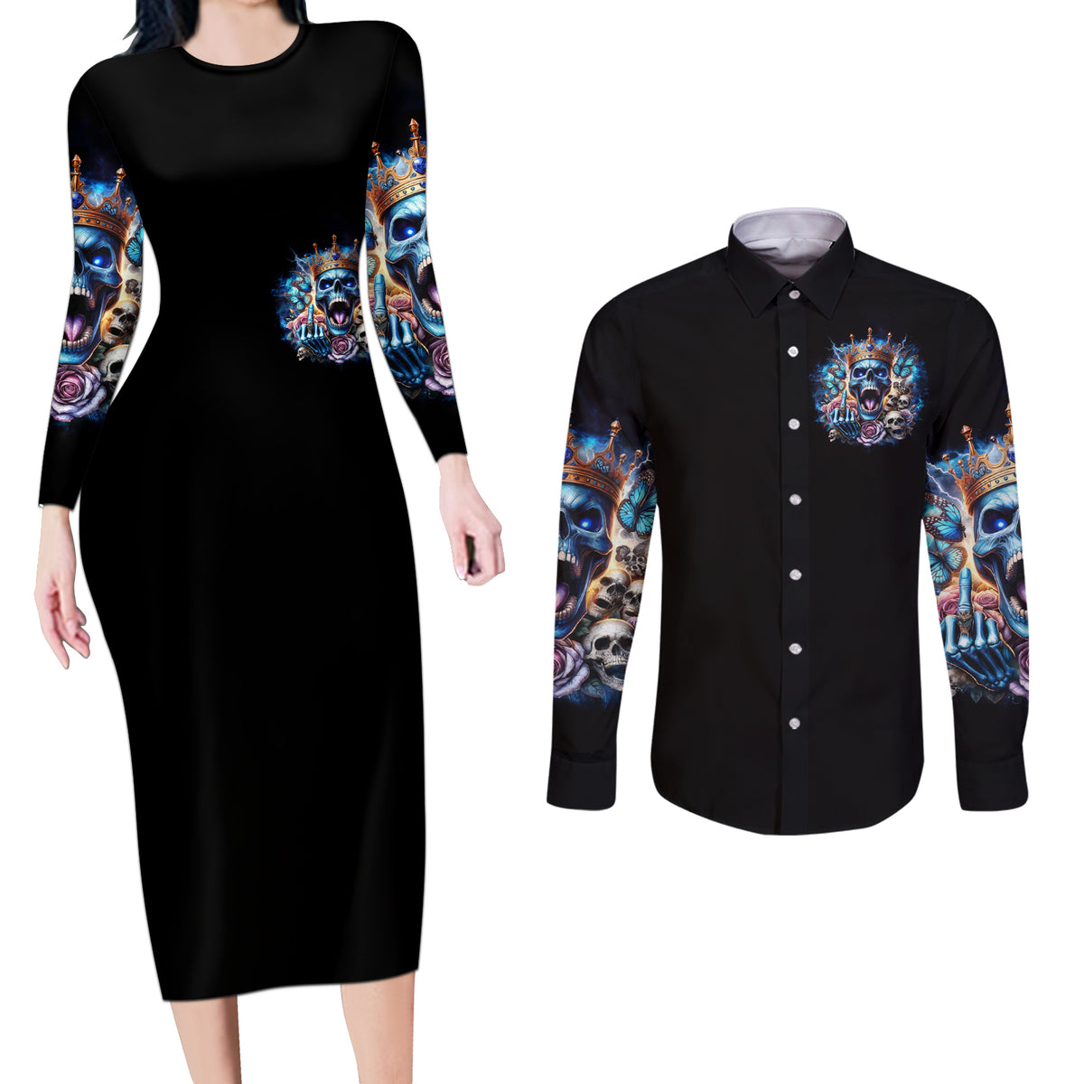 King Skull Couples Matching Long Sleeve Bodycon Dress and Long Sleeve Button Shirt Yes I'm Asshole But Not Yours - Wonder Print Shop