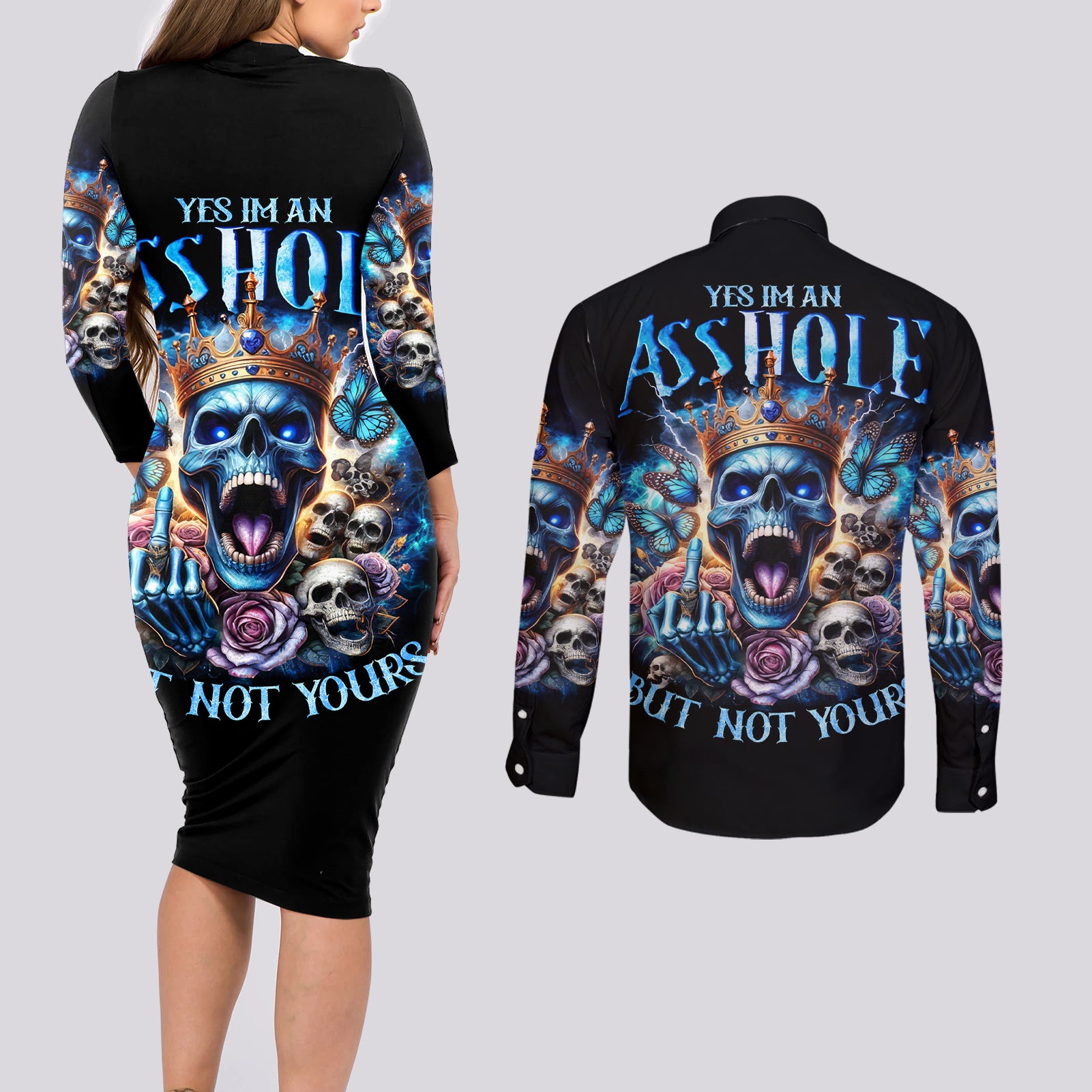 King Skull Couples Matching Long Sleeve Bodycon Dress and Long Sleeve Button Shirt Yes I'm Asshole But Not Yours - Wonder Print Shop