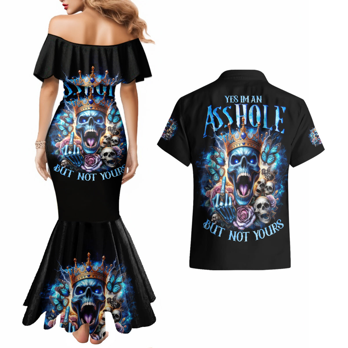King Skull Couples Matching Mermaid Dress and Hawaiian Shirt Yes I'm Asshole But Not Yours - Wonder Print Shop