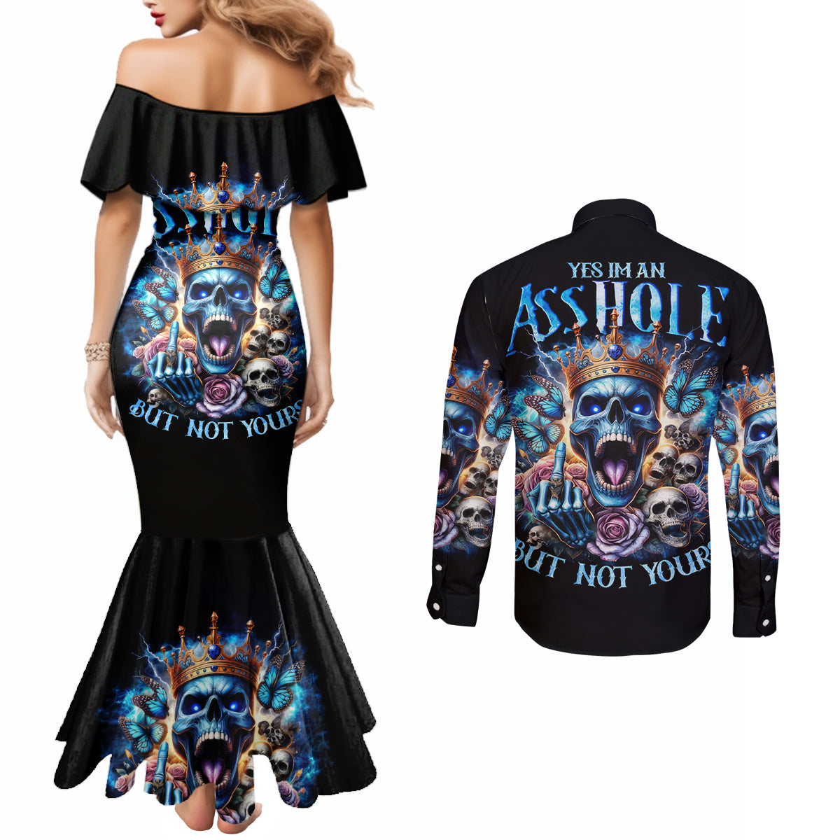 King Skull Couples Matching Mermaid Dress and Long Sleeve Button Shirt Yes I'm Asshole But Not Yours