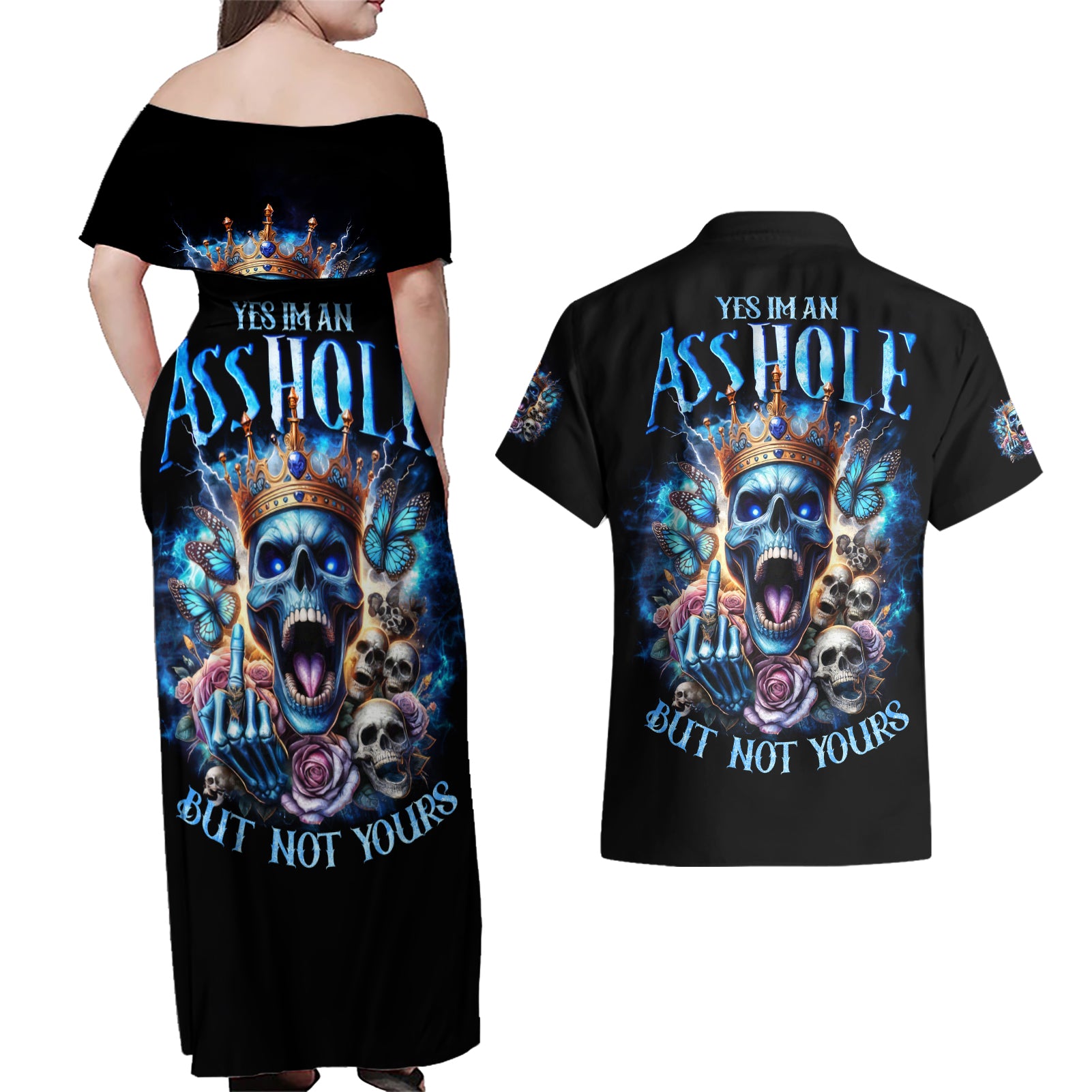 King Skull Couples Matching Off Shoulder Maxi Dress and Hawaiian Shirt Yes I'm Asshole But Not Yours - Wonder Print Shop