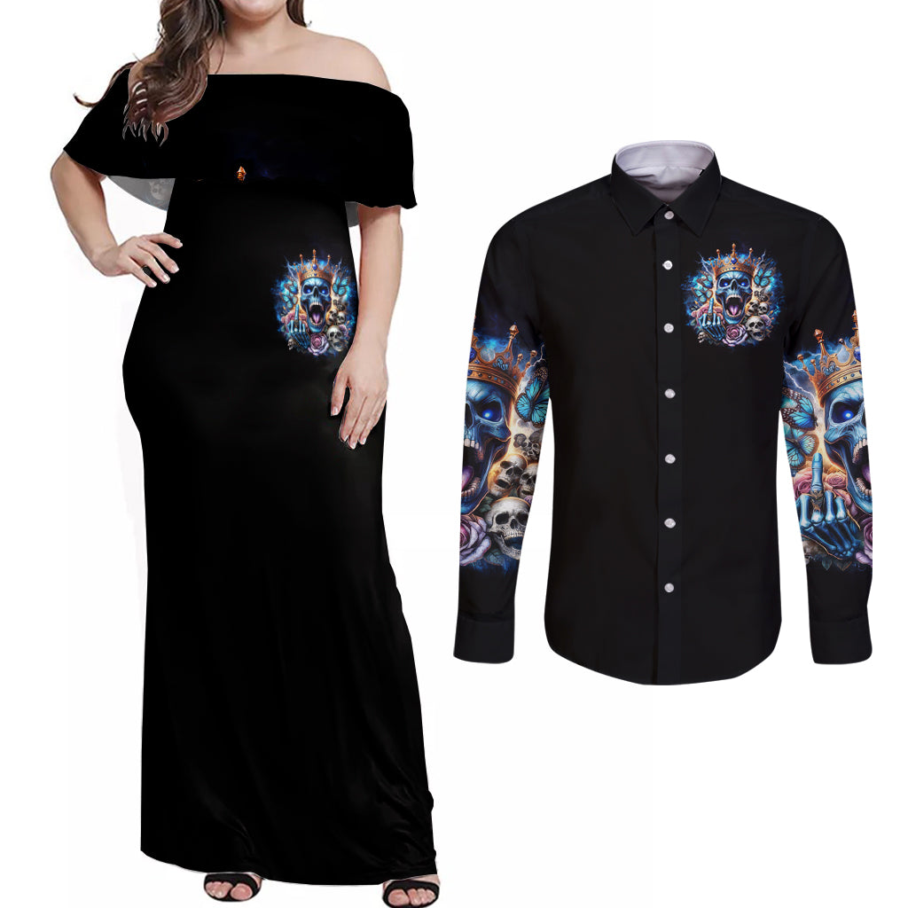 King Skull Couples Matching Off Shoulder Maxi Dress and Long Sleeve Button Shirt Yes I'm Asshole But Not Yours - Wonder Print Shop