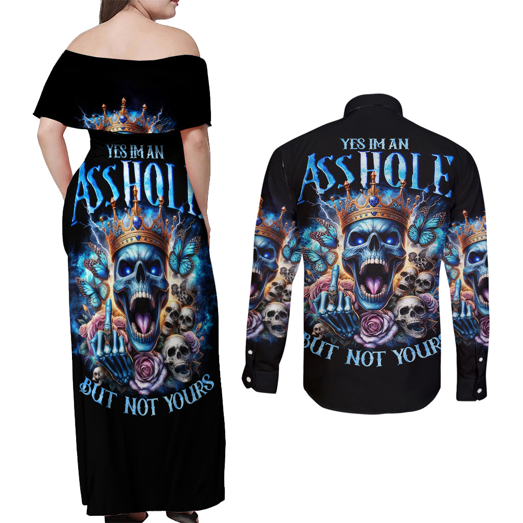 King Skull Couples Matching Off Shoulder Maxi Dress and Long Sleeve Button Shirt Yes I'm Asshole But Not Yours - Wonder Print Shop