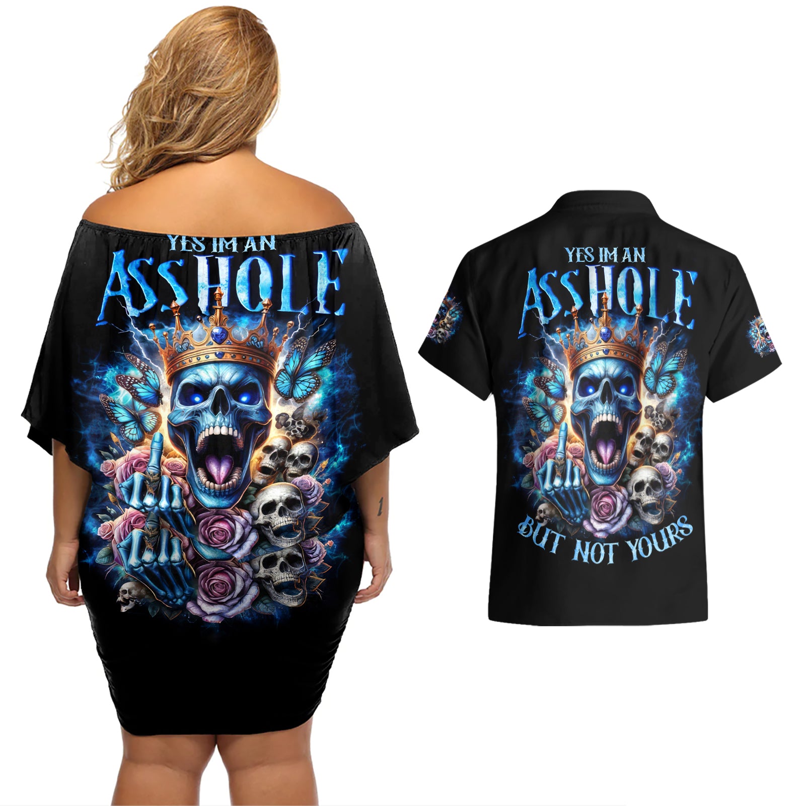 King Skull Couples Matching Off Shoulder Short Dress and Hawaiian Shirt Yes I'm Asshole But Not Yours - Wonder Print Shop