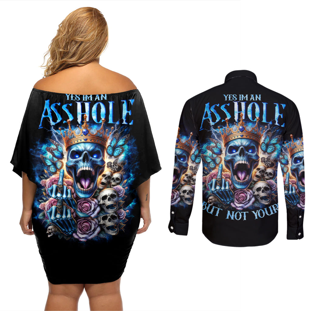 King Skull Couples Matching Off Shoulder Short Dress and Long Sleeve Button Shirt Yes I'm Asshole But Not Yours - Wonder Print Shop
