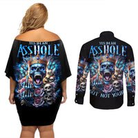 King Skull Couples Matching Off Shoulder Short Dress and Long Sleeve Button Shirt Yes I'm Asshole But Not Yours - Wonder Print Shop