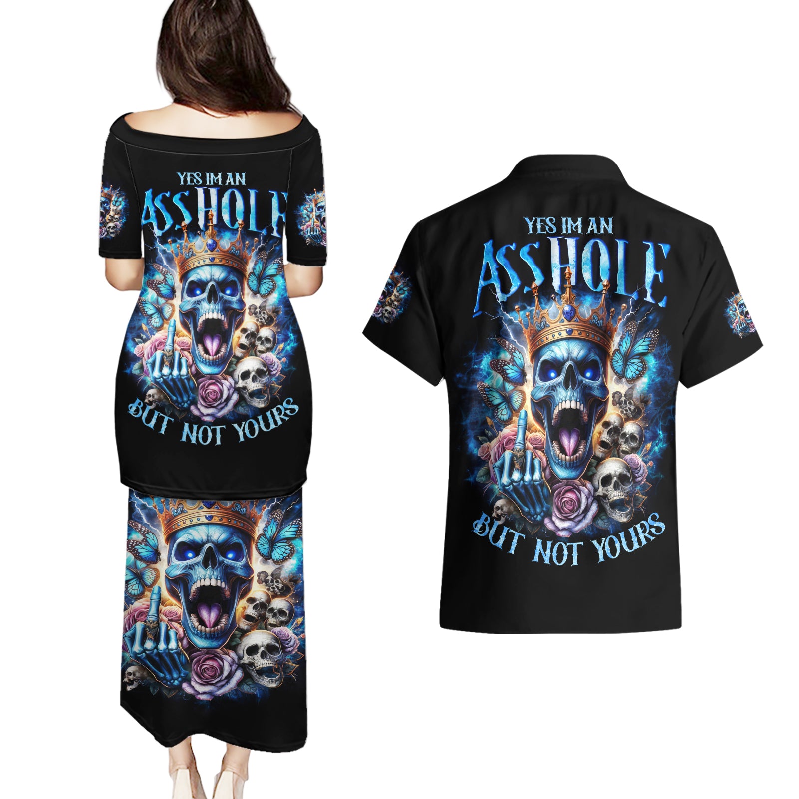 King Skull Couples Matching Puletasi and Hawaiian Shirt Yes I'm Asshole But Not Yours - Wonder Print Shop