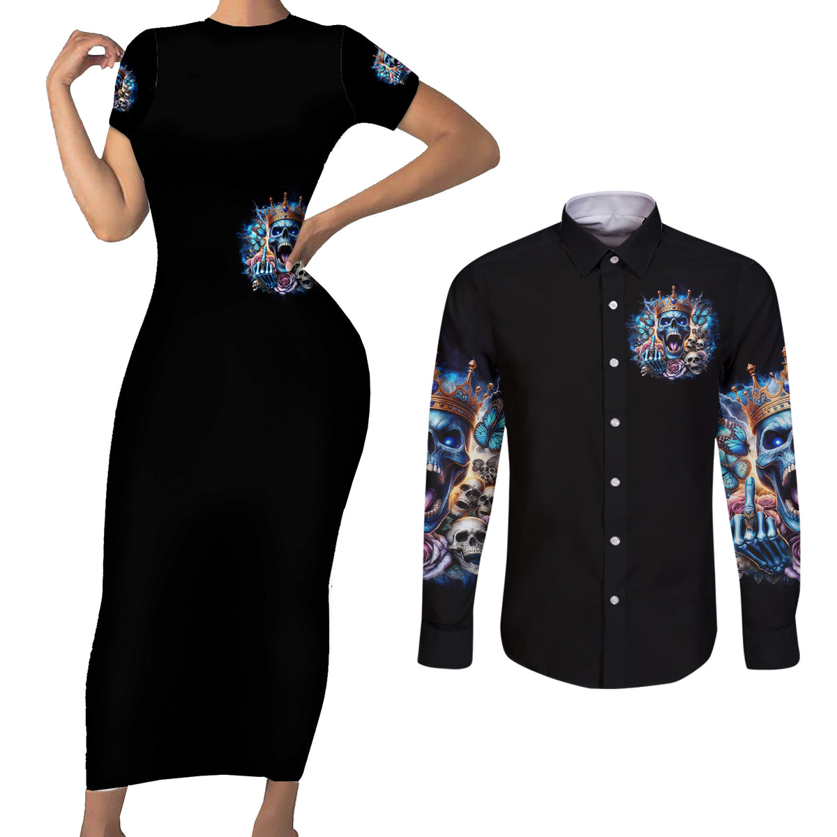 King Skull Couples Matching Short Sleeve Bodycon Dress and Long Sleeve Button Shirt Yes I'm Asshole But Not Yours - Wonder Print Shop