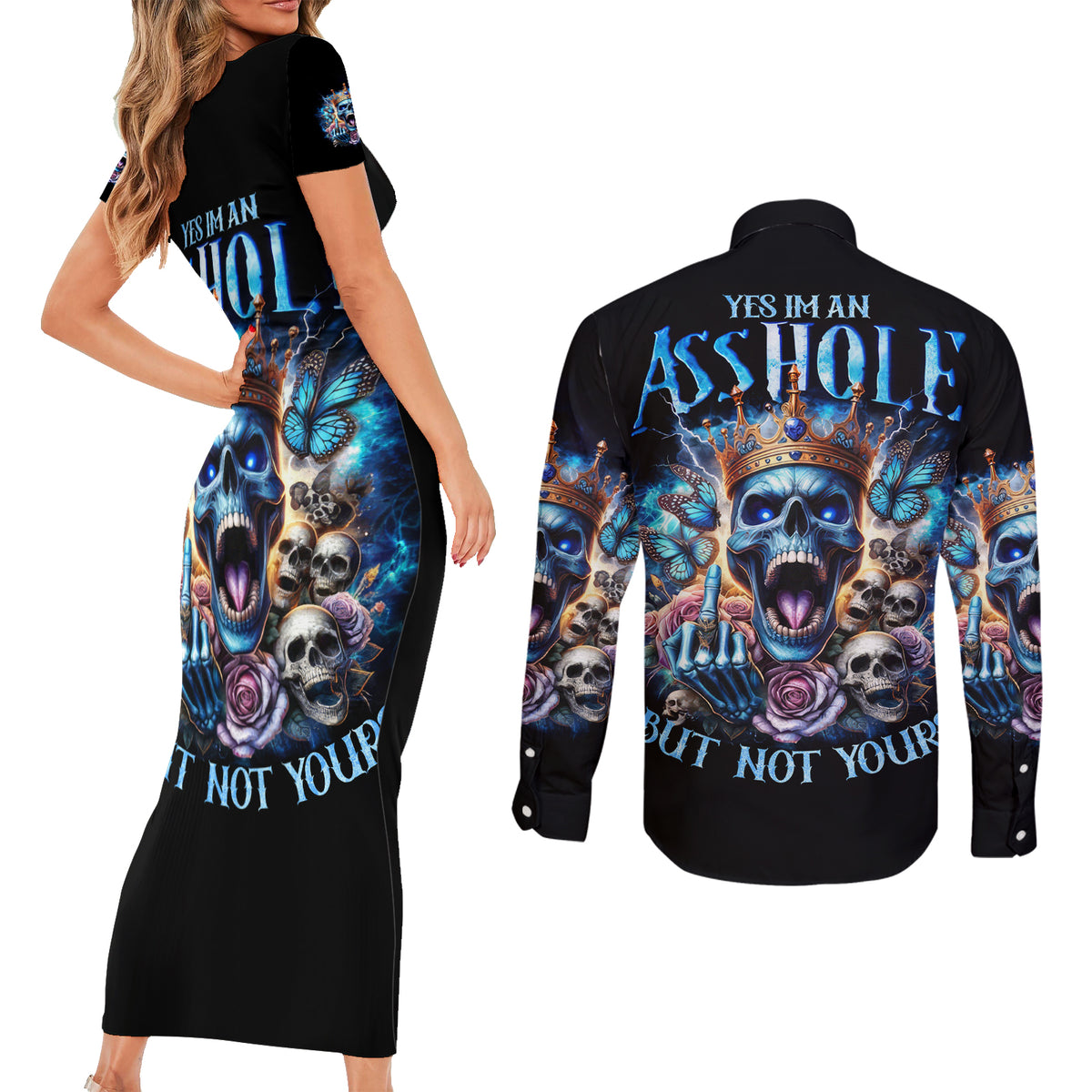 King Skull Couples Matching Short Sleeve Bodycon Dress and Long Sleeve Button Shirt Yes I'm Asshole But Not Yours - Wonder Print Shop