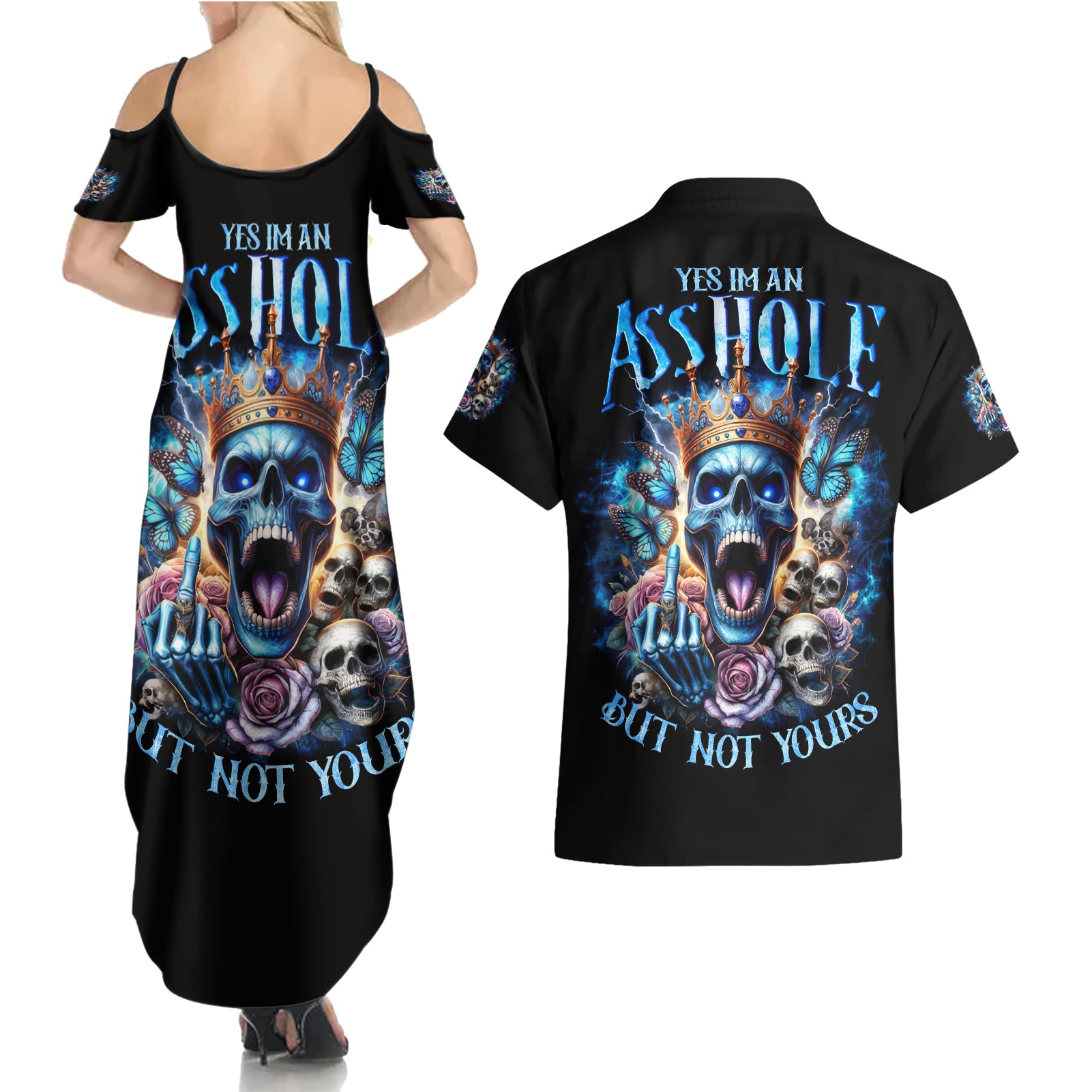 King Skull Couples Matching Summer Maxi Dress and Hawaiian Shirt Yes I'm Asshole But Not Yours - Wonder Print Shop