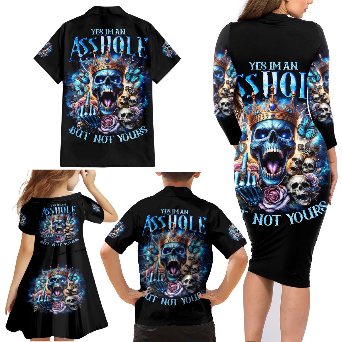 King Skull Family Matching Long Sleeve Bodycon Dress and Hawaiian Shirt Yes I'm Asshole But Not Yours - Wonder Print Shop