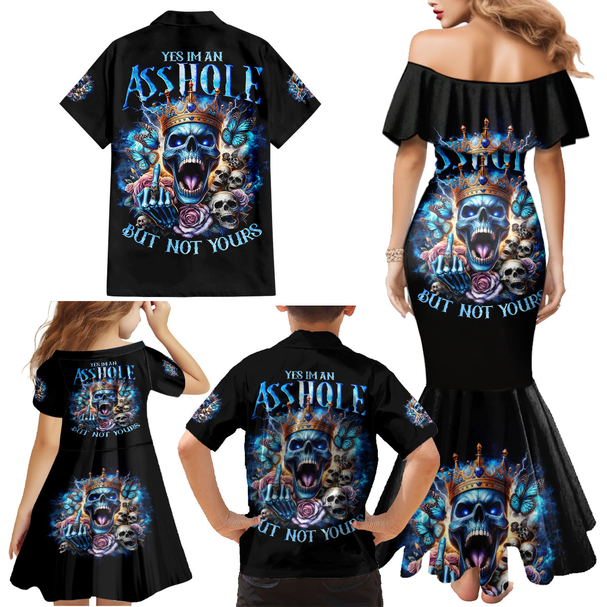 King Skull Family Matching Mermaid Dress and Hawaiian Shirt Yes I'm Asshole But Not Yours - Wonder Print Shop