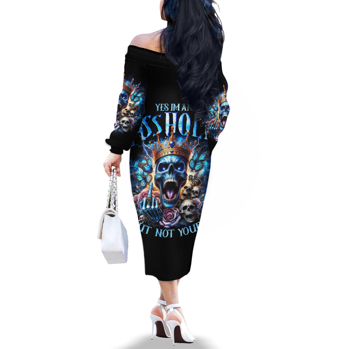 King Skull Family Matching Off Shoulder Long Sleeve Dress and Hawaiian Shirt Yes I'm Asshole But Not Yours - Wonder Print Shop