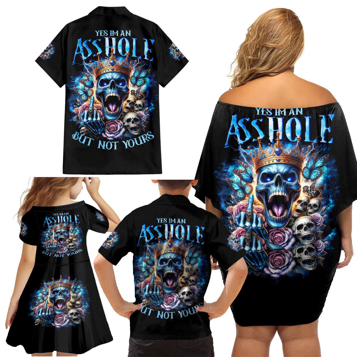 King Skull Family Matching Off Shoulder Short Dress and Hawaiian Shirt Yes I'm Asshole But Not Yours - Wonder Print Shop