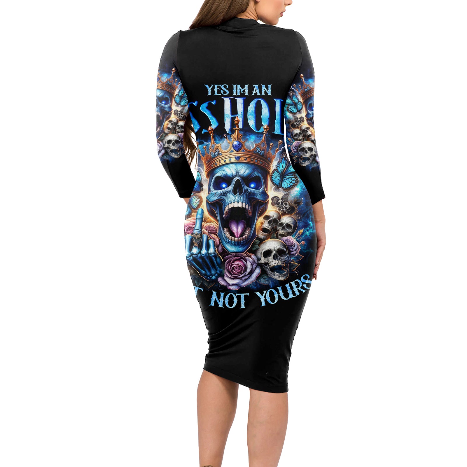 King Skull Long Sleeve Bodycon Dress Yes I'm Asshole But Not Yours - Wonder Print Shop