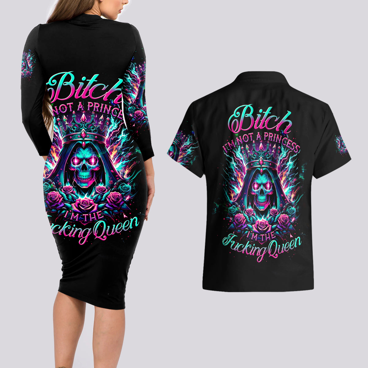 Queen Skull Couples Matching Long Sleeve Bodycon Dress and Hawaiian Shirt Bitch I'm Not A Princess I'm The Fucking Queen - Wonder Print Shop