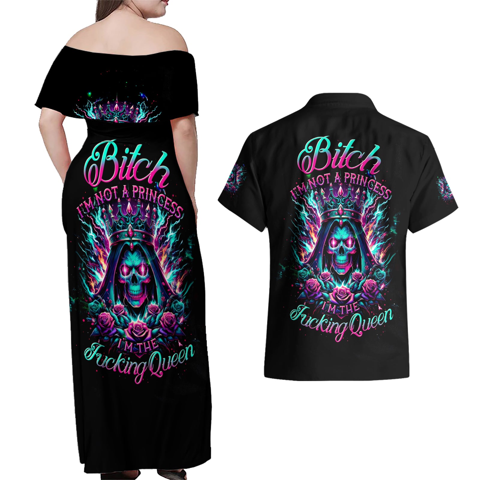Queen Skull Couples Matching Off Shoulder Maxi Dress and Hawaiian Shirt Bitch I'm Not A Princess I'm The Fucking Queen - Wonder Print Shop