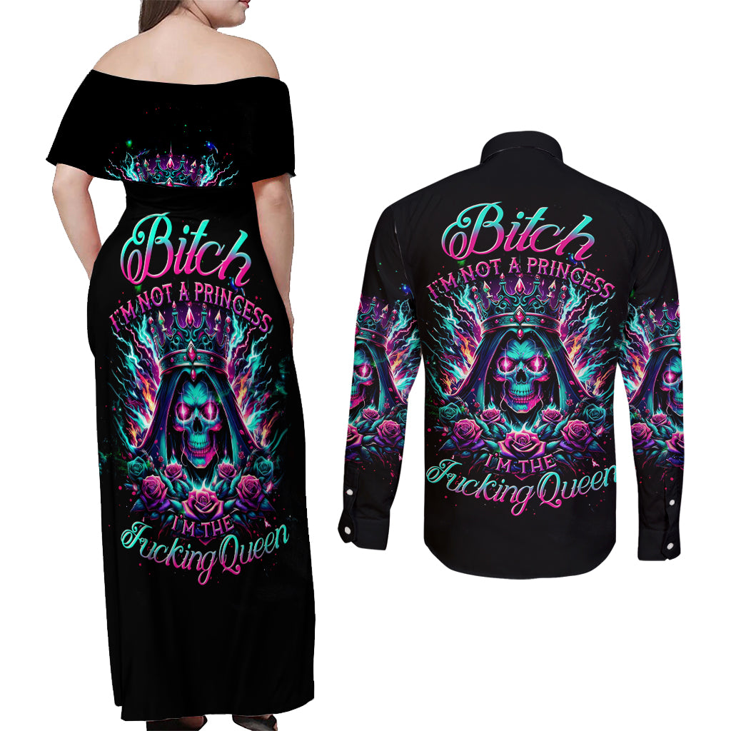 Queen Skull Couples Matching Off Shoulder Maxi Dress and Long Sleeve Button Shirt Bitch I'm Not A Princess I'm The Fucking Queen - Wonder Print Shop