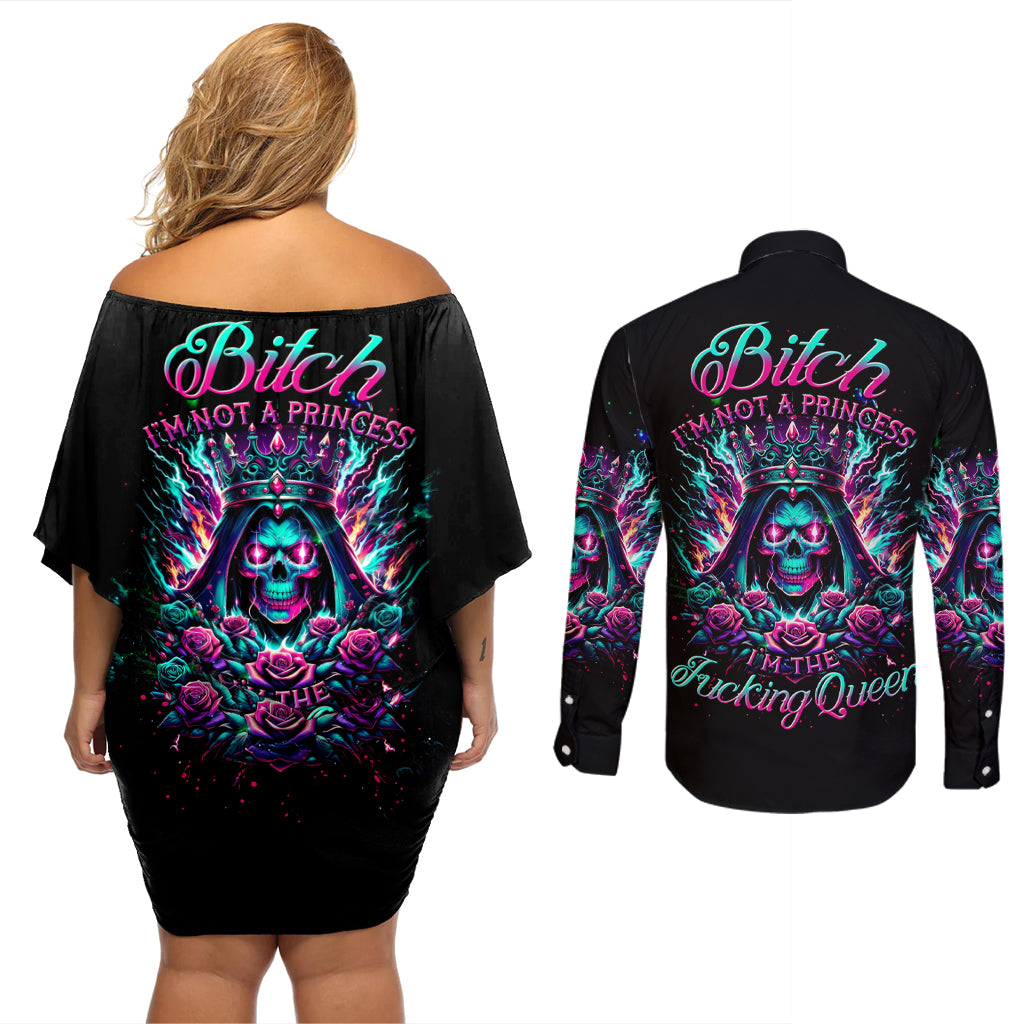 Queen Skull Couples Matching Off Shoulder Short Dress and Long Sleeve Button Shirt Bitch I'm Not A Princess I'm The Fucking Queen - Wonder Print Shop