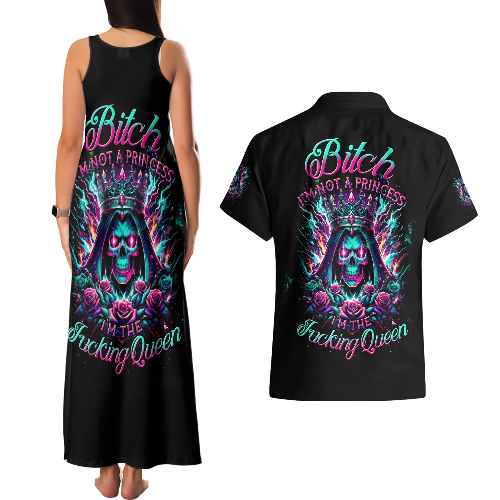 Queen Skull Couples Matching Tank Maxi Dress and Hawaiian Shirt Bitch I'm Not A Princess I'm The Fucking Queen - Wonder Print Shop