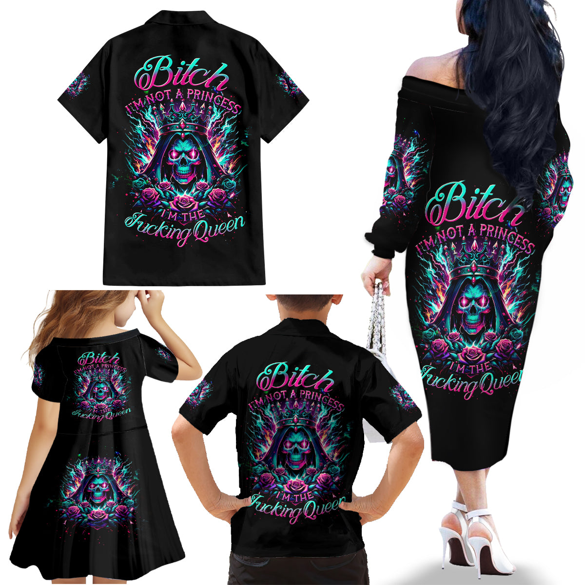 Queen Skull Family Matching Off Shoulder Long Sleeve Dress and Hawaiian Shirt Bitch I'm Not A Princess I'm The Fucking Queen - Wonder Print Shop