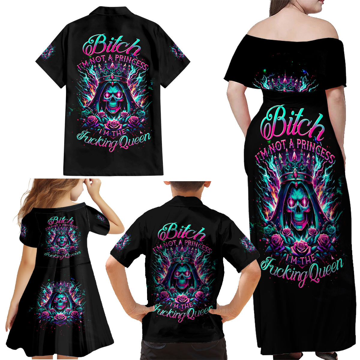 Queen Skull Family Matching Off Shoulder Maxi Dress and Hawaiian Shirt Bitch I'm Not A Princess I'm The Fucking Queen - Wonder Print Shop