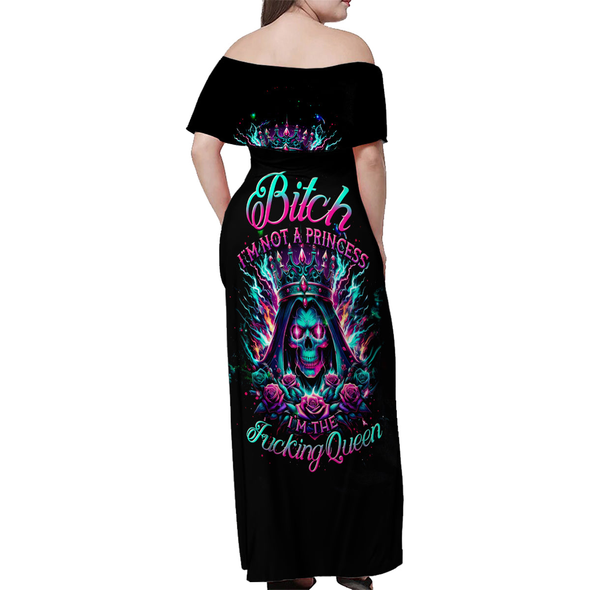 Queen Skull Family Matching Off Shoulder Maxi Dress and Hawaiian Shirt Bitch I'm Not A Princess I'm The Fucking Queen - Wonder Print Shop