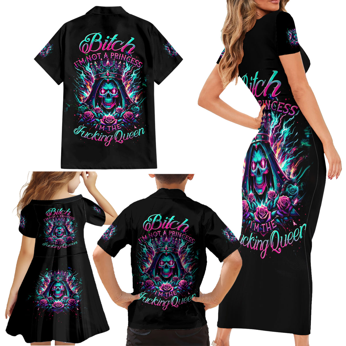 Queen Skull Family Matching Short Sleeve Bodycon Dress and Hawaiian Shirt Bitch I'm Not A Princess I'm The Fucking Queen - Wonder Print Shop