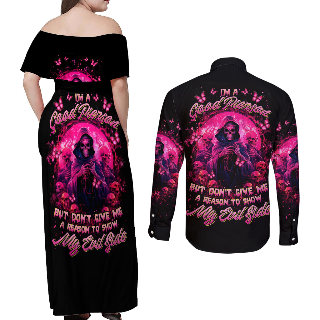 Reaper Skull Couples Matching Off Shoulder Maxi Dress and Long Sleeve Button Shirt I'm A Good Person But Don't Give Me A Reason To Show My Evil - Wonder Print Shop