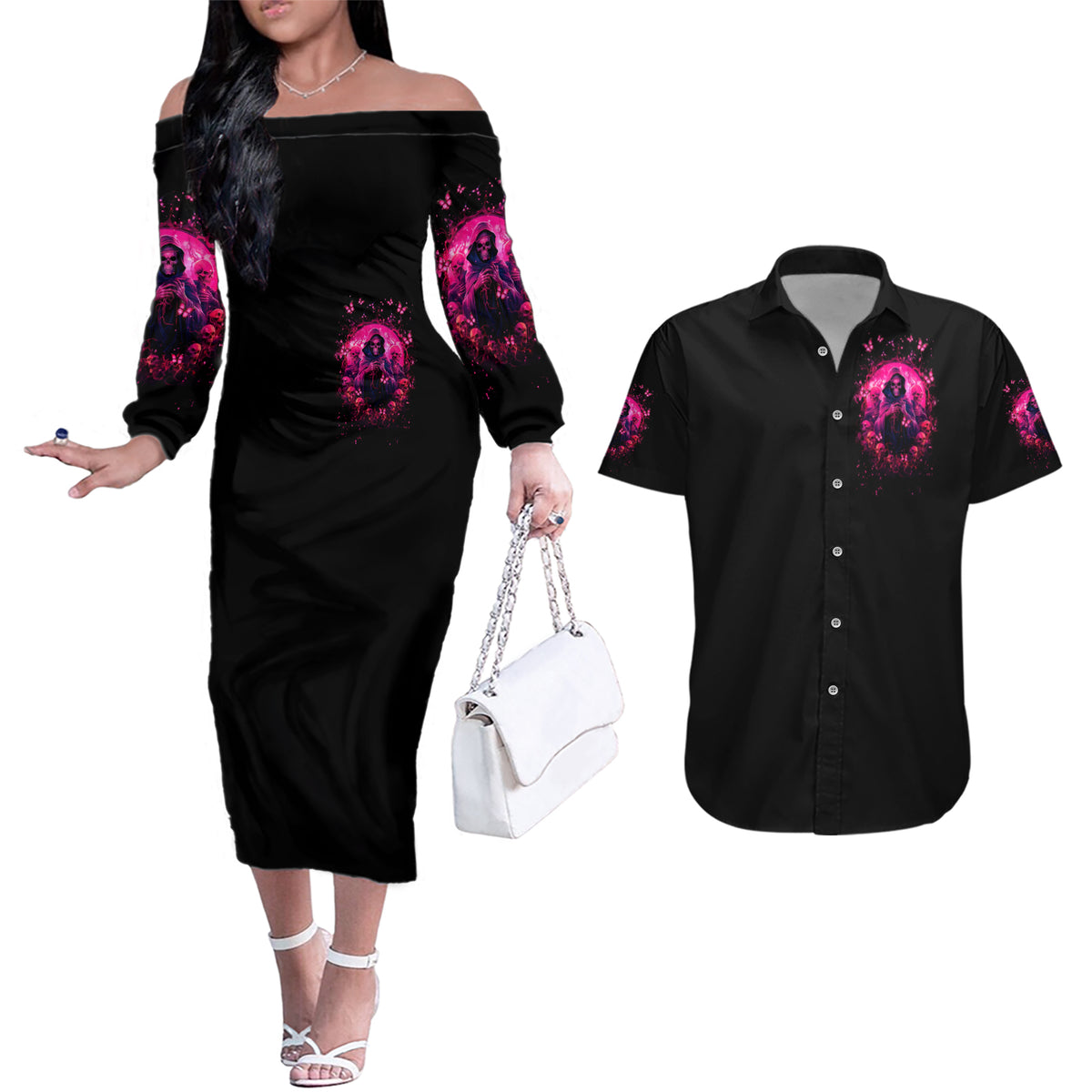 Reaper Skull Couples Matching Off The Shoulder Long Sleeve Dress and Hawaiian Shirt I'm A Good Person But Don't Give Me A Reason To Show My Evil - Wonder Print Shop