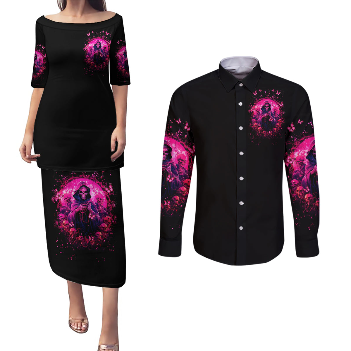 Reaper Skull Couples Matching Puletasi and Long Sleeve Button Shirt I'm A Good Person But Don't Give Me A Reason To Show My Evil - Wonder Print Shop