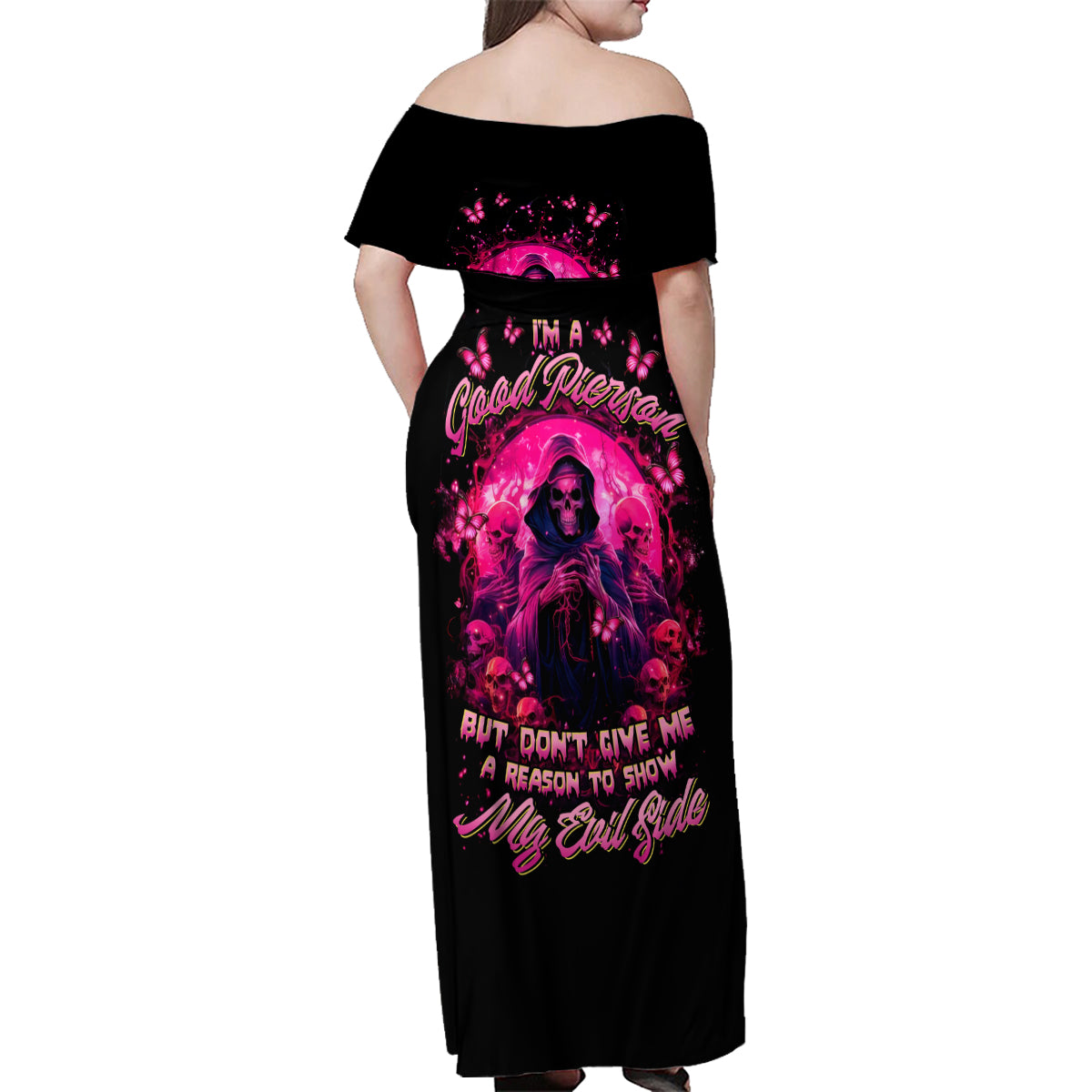 Reaper Skull Family Matching Off Shoulder Maxi Dress and Hawaiian Shirt I'm A Good Person But Don't Give Me A Reason To Show My Evil - Wonder Print Shop