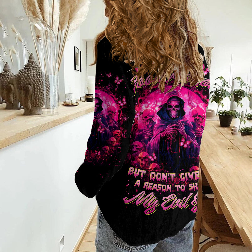 Reaper Skull Women Casual Shirt I'm A Good Person But Don't Give Me A Reason To Show My Evil - Wonder Print Shop