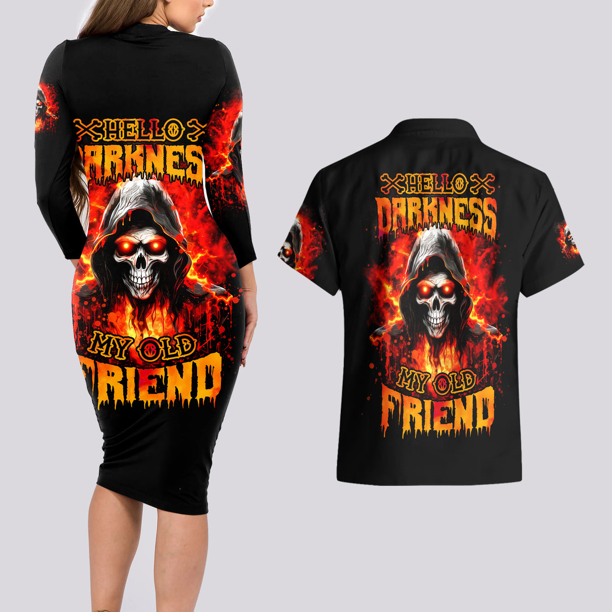 Flame Skull Couples Matching Long Sleeve Bodycon Dress and Hawaiian Shirt Hello Darkness My Old Friend - Wonder Print Shop