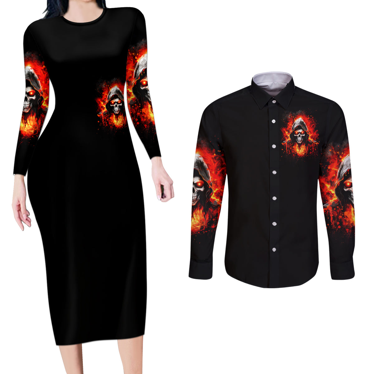 Flame Skull Couples Matching Long Sleeve Bodycon Dress and Long Sleeve Button Shirt Hello Darkness My Old Friend - Wonder Print Shop