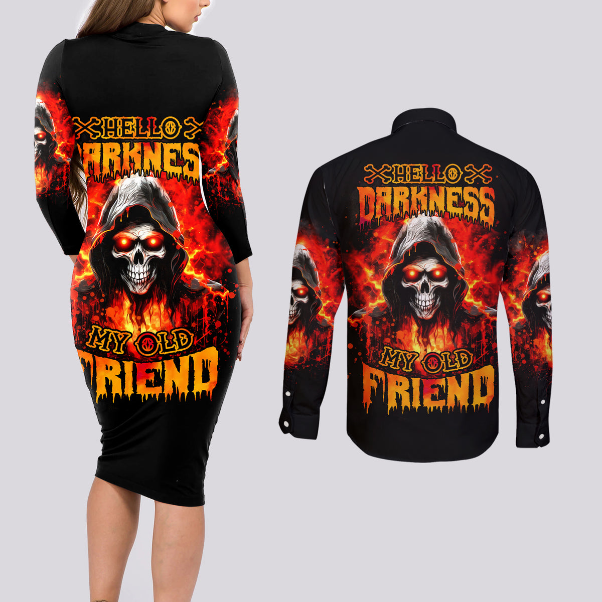 Flame Skull Couples Matching Long Sleeve Bodycon Dress and Long Sleeve Button Shirt Hello Darkness My Old Friend - Wonder Print Shop
