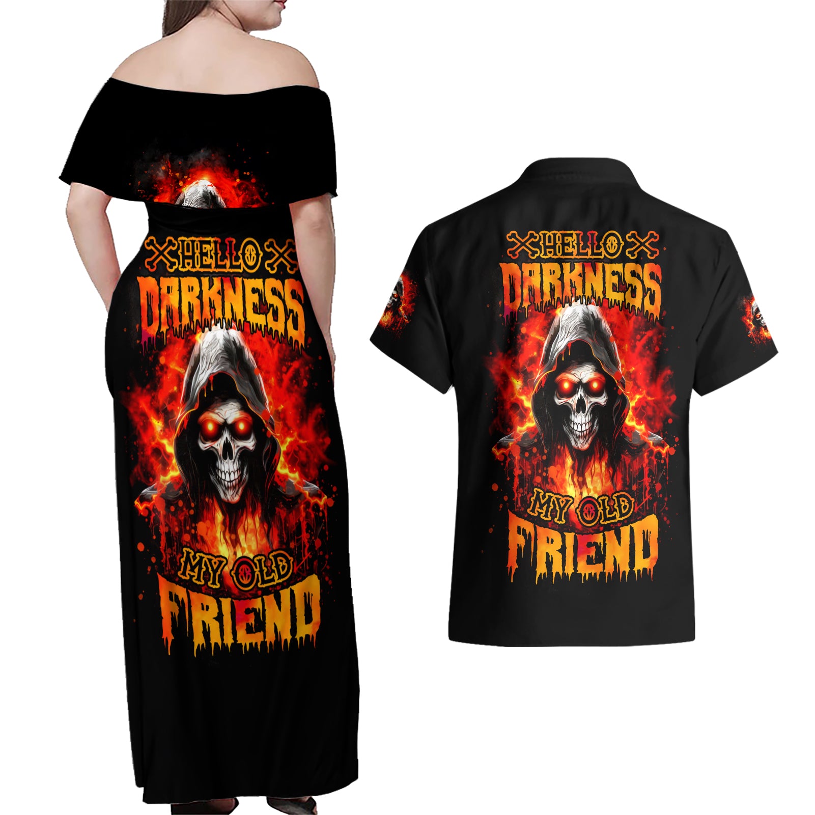 Flame Skull Couples Matching Off Shoulder Maxi Dress and Hawaiian Shirt Hello Darkness My Old Friend - Wonder Print Shop